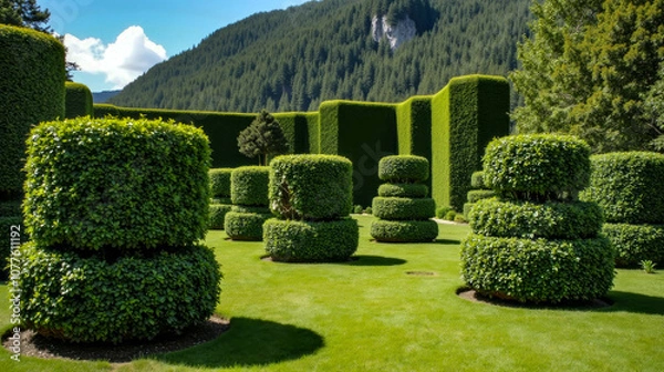 Obraz Lush green topiary garden in the mountains showcases intricate hedge designs under a clear blue sky during midday