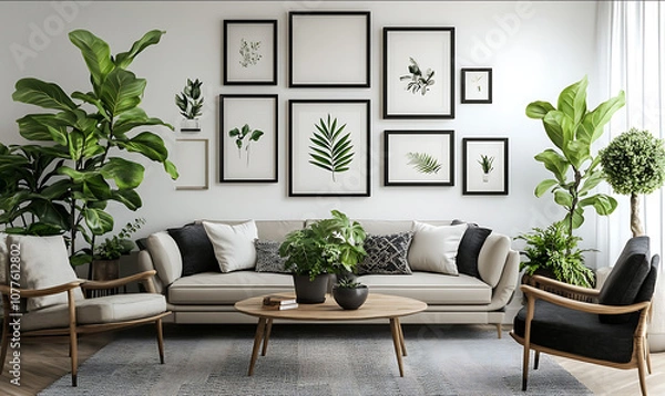 Fototapeta An elegant modern living room with a minimalist design The main feature of the room is a wall decorated with various picture frames in black white and wooden finishe