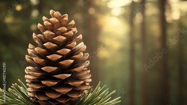 Obraz Detailed close-up of a pine cone resting on green needles with a blurred forest background, evoking nature's beauty.