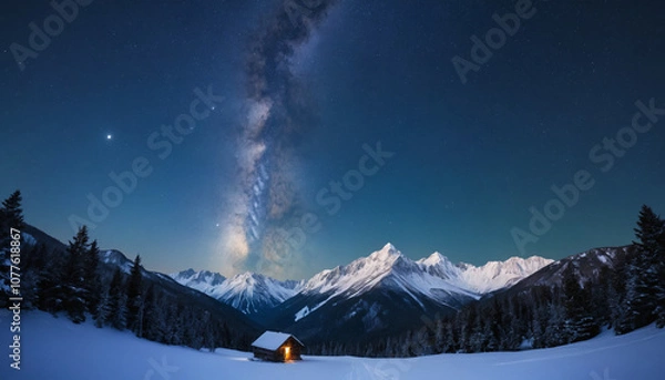 Fototapeta Starry Night over Snowy Mountain Range with Moonlit Peaks and Milky Way Sky