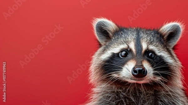 Fototapeta Adorable raccoon peeking from behind a vibrant red wall