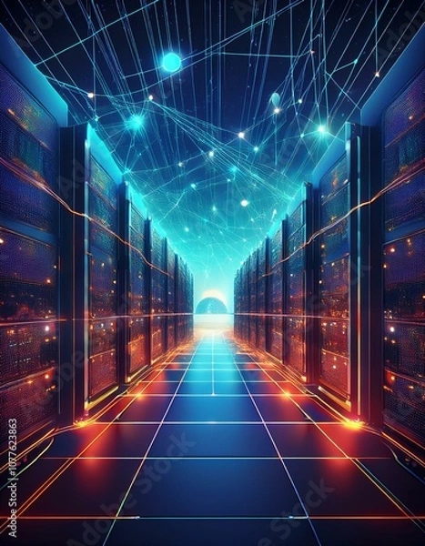 Fototapeta Digital Infrastructure - A schematic representation of server farms, satellites and fiber optics