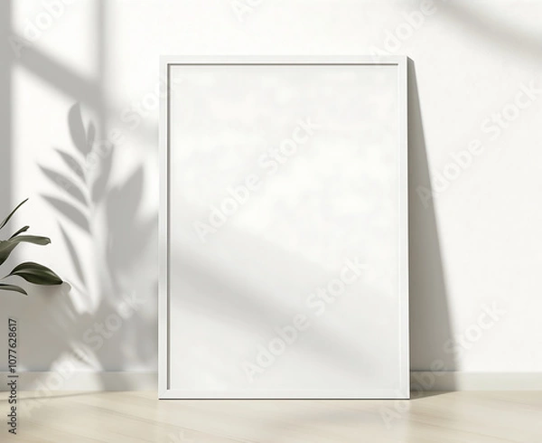 Fototapeta White frame background a thin white wooden picture frame mockup leaning against the wall a minimalist room with a light wood floor and a soft shadow from a window on