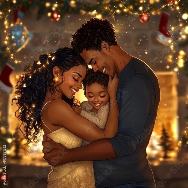 Obraz A Black family of three, a mother, father, and child, stand close together in a warm embrace, smiling and looking at each other with love. They are standing in front of a fireplace,