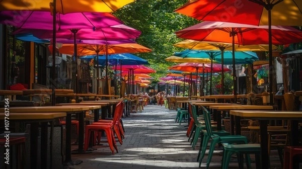 Fototapeta Colorful Umbrellas Shade Outdoor Cafe Tables
