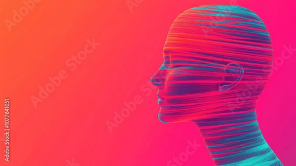 Fototapeta A stylized, neon-colored profile of a human head, featuring a layered wireframe design against a vibrant gradient background.