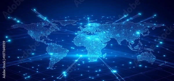 Fototapeta A glowing digital world map on a dark blue background, showing a network of connections across the globe, representing global communication and interconnectedness.