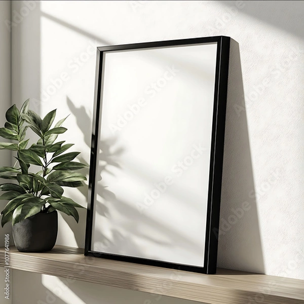 Fototapeta A black framed 18x24 inch poster mockup side view leaning against the wall resting on an empty wooden shelf with a plant beside it the image is a side 34 angle of th