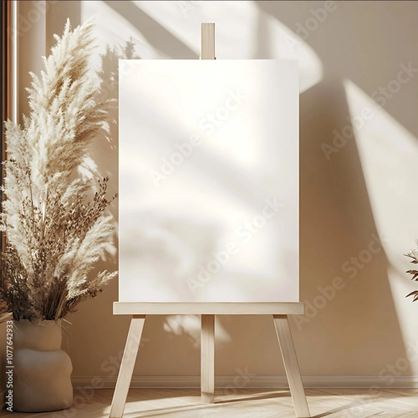 Fototapeta mockup of a large vertical blank white poster on a light wood easel boho pampas grass greenery and neutral colors bouquet on corner of sign photo realistic