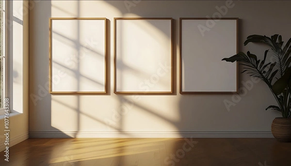 Fototapeta three digital poster on the wall realistic mockup psd style 3 posters full on screen clean and transparent white wall wood item slightly tilt perspective slitghtly d