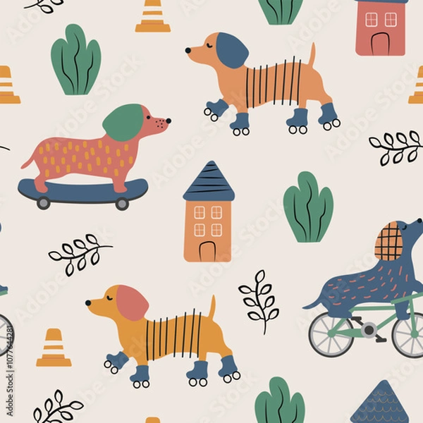 Obraz Dogs in the cite seamless pattern. Cute cartoon dogs on a skateboard, bike and rollers  in flat style.	