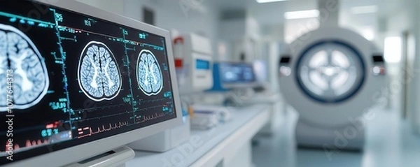 Fototapeta A modern medical facility featuring brain scans on monitors and advanced imaging equipment in a clean, high-tech environment.