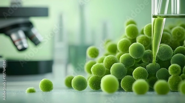 Fototapeta Closeup micrograph of Nannochloropsis oculata a single celled marine microalgae with a dense cluster of spherical green cells intricate chloroplast structures and delicate cell membranes