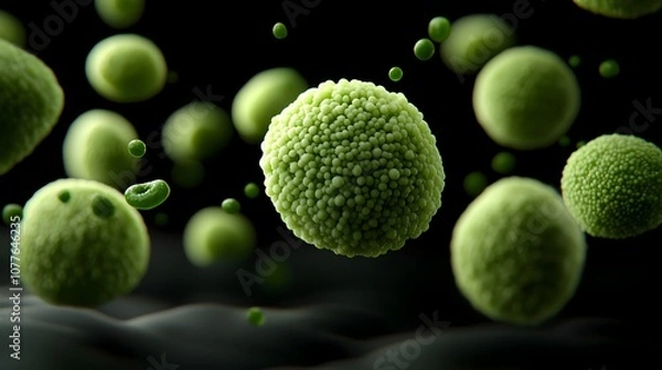 Fototapeta Microscopic image of the fast growing single celled green algae Chlorella sorokiniana showcasing its spherical shape and intricate cell wall patterns in vibrant colors and dynamic lighting