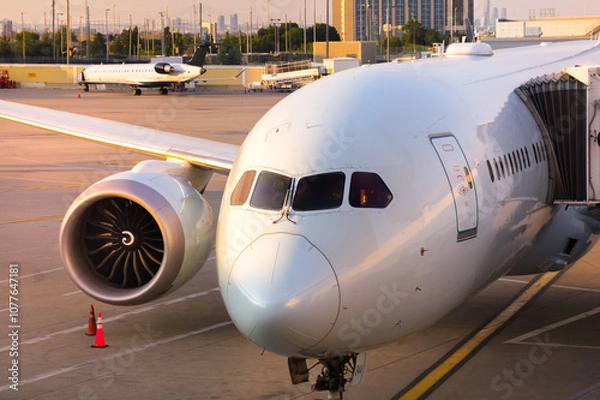 Fototapeta Cockpit of a modern jet airplane on tarmac of the airport lit with sunset sun rays. Close-up with widows of the crew cabin and jet engine suspended on the plane's wing