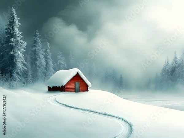 Fototapeta Picturesque wintry forest scene with a rustic wooden cabin snow piled high on the roof and surrounding the structure winding trail through the trees marked by snowshoe prints