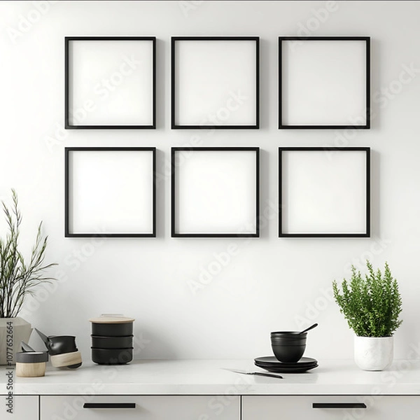 Fototapeta mockup of 4 empty black picture frames each sized 9x9in arranged in a square gallery on a white wall above counter in modern kitchen