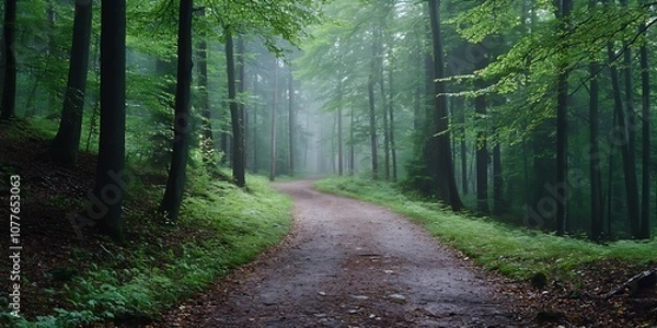 Fototapeta Mysterious Foggy Forest Path, Winding Road Through Trees