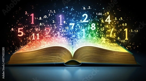 Fototapeta An open book with a magical glow emanating from its pages.  Numbers are floating out of the book.