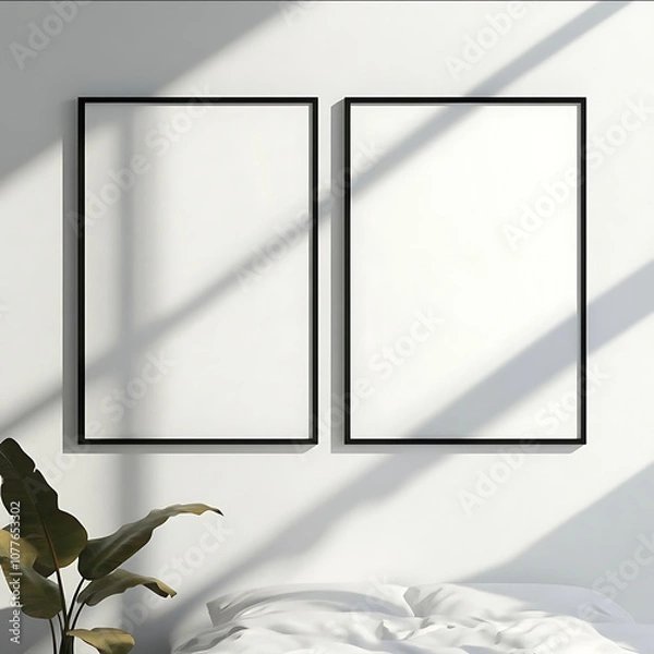 Fototapeta 2 picture frames hung landscape orientation in a clean white bedroom hung next to each other at the same height picture frame mockup nice lighting