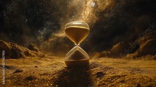 Fototapeta Hourglass filled with golden sand flowing down symbolizing the countdown to the New Year s Eve against a dark starry night sky background  The image conveys the concept of time passing