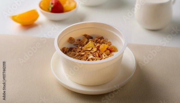 Obraz A bowl of granola with milk and fruit.