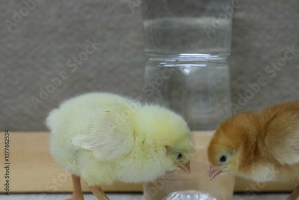 Obraz ボリスブラウンのヒヨコのオスメスペアとペットボトルのサイズ比較