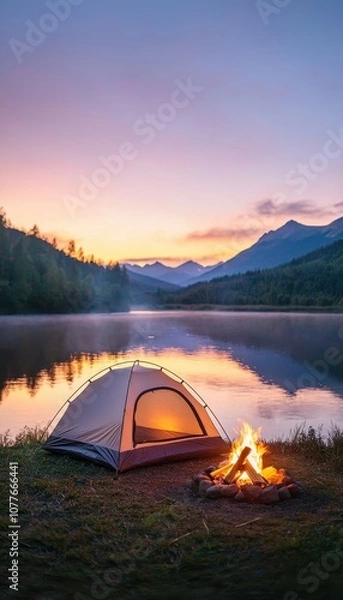 Fototapeta A serene camping scene by a tranquil lake, featuring a glowing campfire and a cozy tent under a colorful sunset.