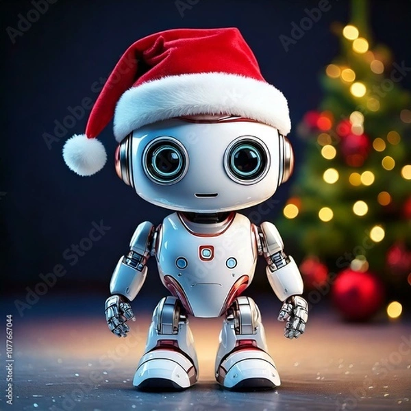 Fototapeta Robot Santa Claus with a Christmas tree in the background