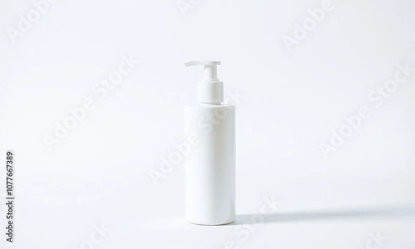 Fototapeta plain white mockup bottle for facial cleanser on white background, showcasing minimalist design. Ideal for product presentations and branding