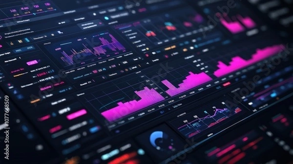 Fototapeta Close-up of a computer screen displaying a variety of data and graphs.