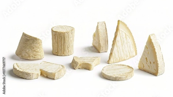 Fototapeta A Varied Collection of Cheese Slices Displayed Isolated on White Background, Perfect for Culinary and Food-Related Themes