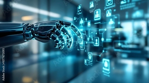 Fototapeta Humanoid Robot Hand Interacting with Futuristic Holographic Screen in High-Tech Office