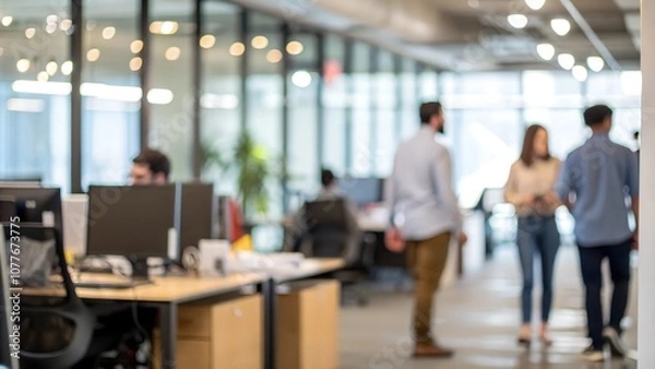 Fototapeta Office with blurred people in casual clothes and bokeh background.
