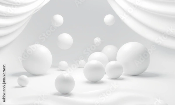 Fototapeta serene composition of white spheres in minimalist setting, creating calm and elegant atmosphere. soft drapery enhances visual appeal