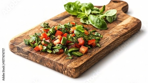 Fototapeta Freshly Chopped Vegetables on a Wooden Cutting Board with Green Leaves Isolated on a White Background, Perfect for Culinary and Food-Related Themes