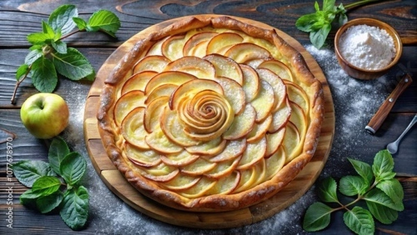 Obraz A visually appealing apple pie with a delicate powdered sugar dusting and a rosette of apple slices in the center, resting on a wooden board with fresh mint leaves nearby.