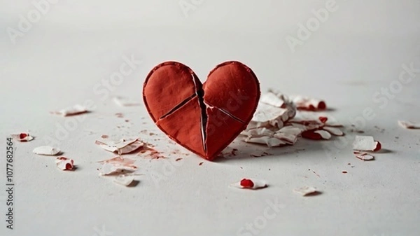 Obraz A broken heart rests amidst shattered pieces on a white surface, symbolizing lost love and heartache