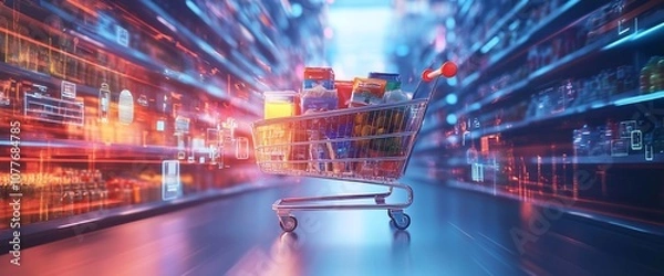 Fototapeta A shopping cart filled with groceries stands in the middle of a digital supermarket aisle.