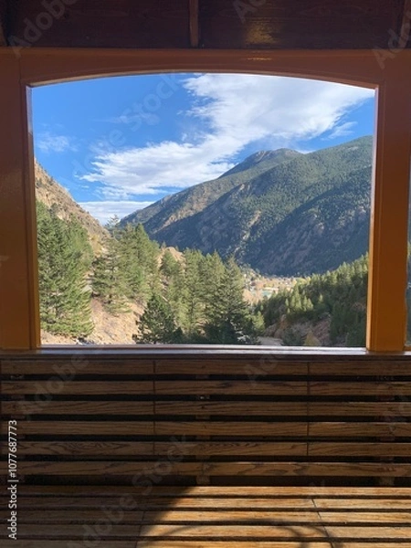 Obraz mountains and trees through train window