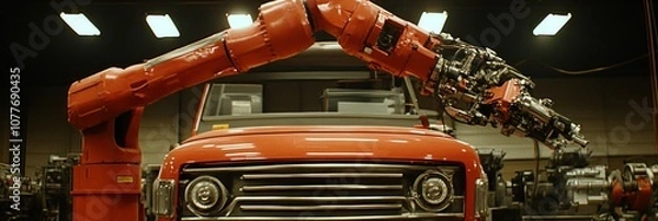 Fototapeta Red robotic arms working on the red car body at the automobile factory.