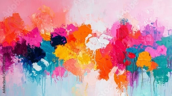 Fototapeta A vibrant abstract painting with bold colors blending harmoniously, featuring splashes of pink, orange, blue, and green.