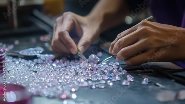Fototapeta Jeweler Sorting Diamonds with Precision
