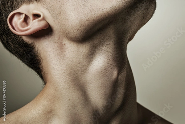 Fototapeta Close-up of a young Caucasian man's neck and Adam's apple, showcasing skin texture and light shadow contrast.
