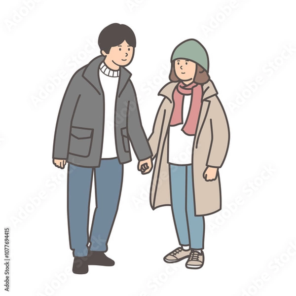 Fototapeta 手を繋ぐ冬服のカップルのイラスト