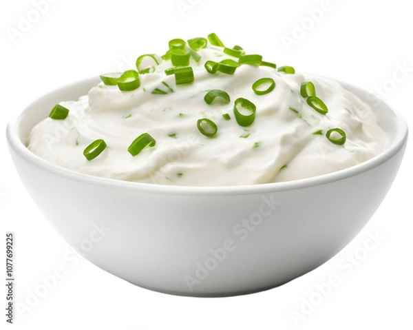 Fototapeta A bowl of sour cream with green onion on transparent background