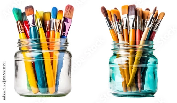 Obraz Art brushes are shown in a glass jar on transparent background
