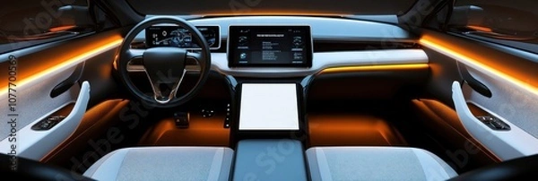 Fototapeta Sleek and modern car interior showcasing advanced technology and design elements.