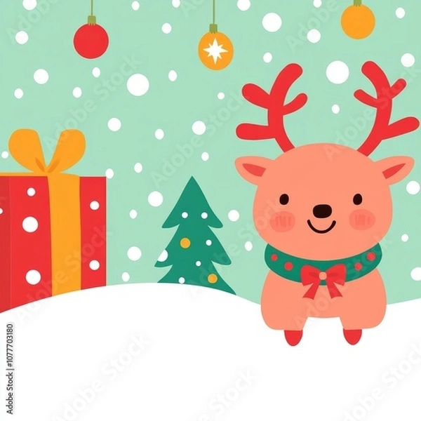 Fototapeta A cute reindeer standing in the snow with a Christmas tree, gift and ornaments.