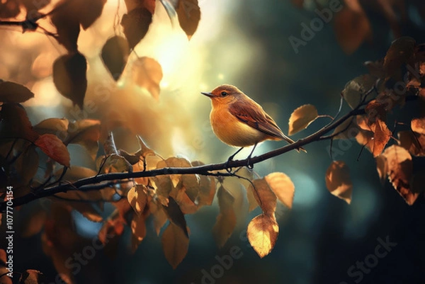 Fototapeta A delicate orange bird perched on a branch amidst warm autumn foliage, softly illuminated by the golden sunlight.